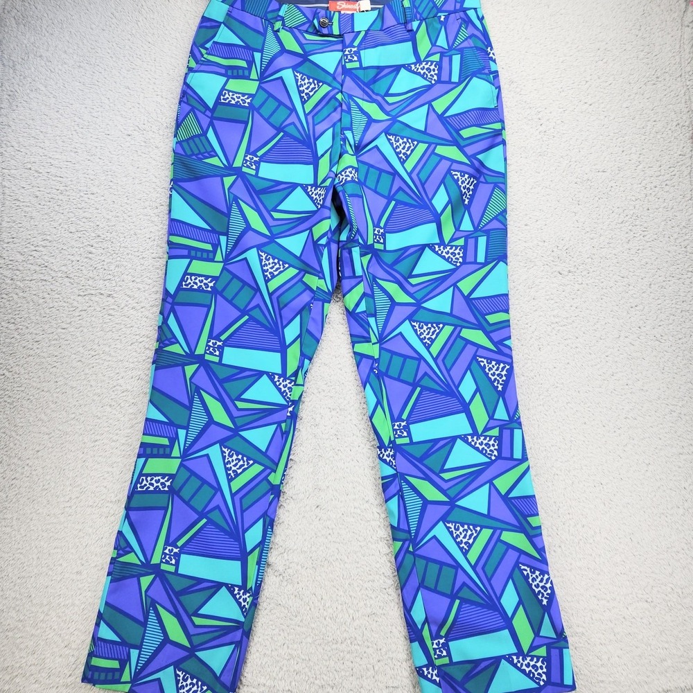 Shinesty Pants Mens 34x32 Blue Geometric Slim Fit Lined Dress Party Fun NEW
